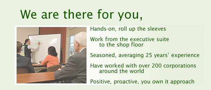 We are there for you, Hands on, Roll up the sleves. Work from the executive suite to the shop floor. Seasoned, averaging 25 years experience. Have worked with over 200 companys worldwide. Positive proactive, you own it approach.